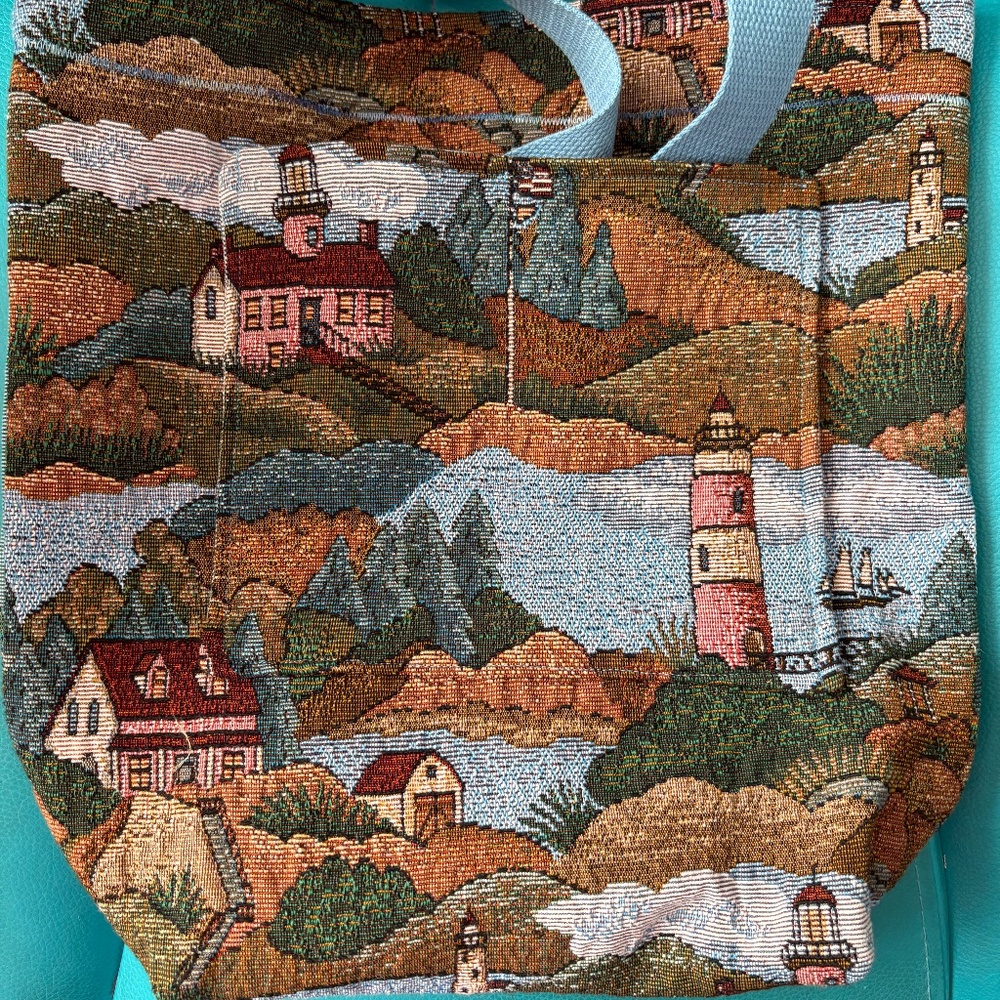 Nautical, Lighthouse Theme Tapestry Tote Bag 12 1/2W  X 13" H  X 4" D